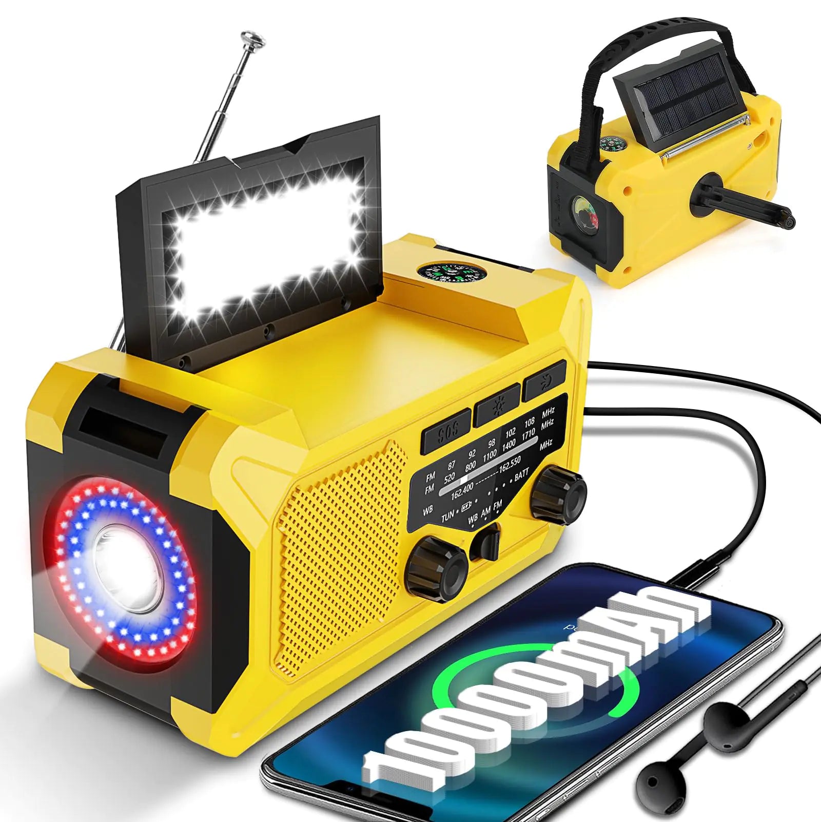 10,000mAh Solar Emergency Radio – Light, Alarm, Compass & More